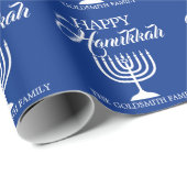 Papier Cadeau Bleu HEUREUX personnalisé Menorah de HANOUKKA (Coin rond)