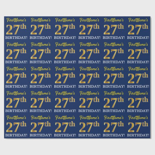 Papier Cadeau Bleu, Imitation Gold Look "27th BIRTHDAY" (Plat)