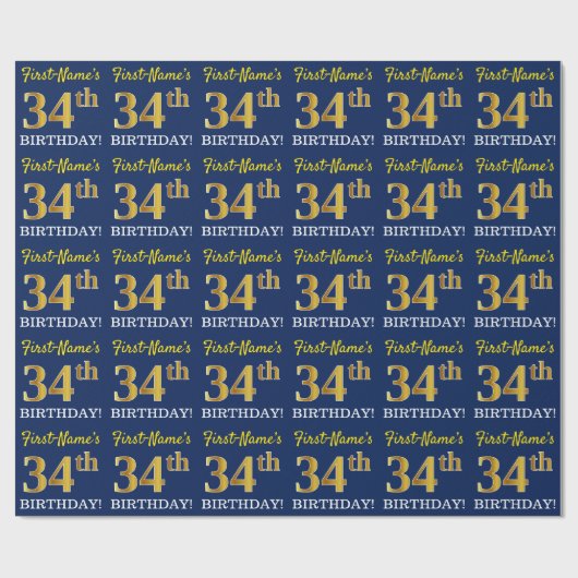 Papier Cadeau Bleu, Imitation Gold Look "34e anniversaire" (Plat)