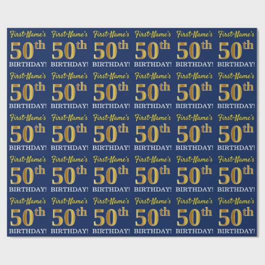 Papier Cadeau Bleu, Imitation Gold Look "50e anniversaire" (Plat)