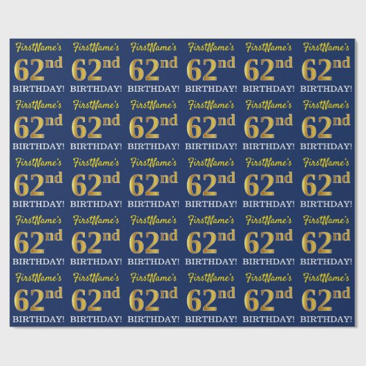 Papier Cadeau Bleu, Imitation Gold Look "62e anniversaire" (Plat)