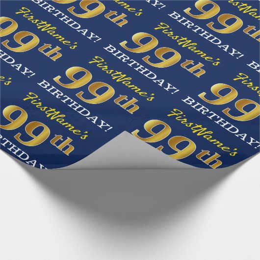 Papier Cadeau Bleu, Imitation Gold Look "99ème anniversaire" (Coin)