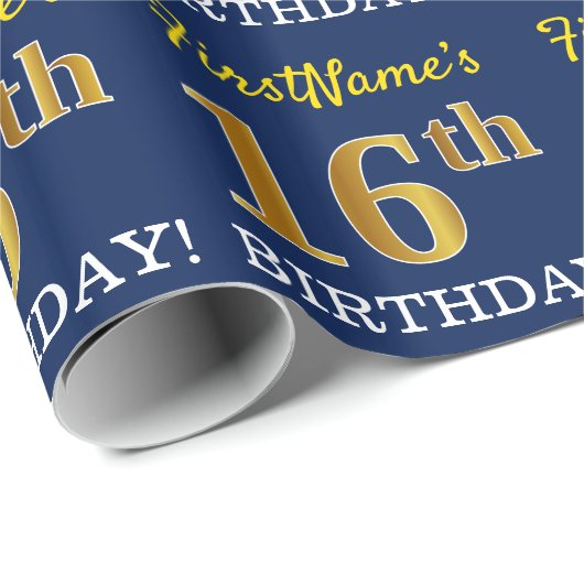 Papier Cadeau Bleu, Imitation or Look "16ème anniversaire" (Coin rond)