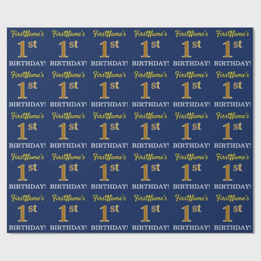 Papier Cadeau Bleu, Imitation Or Look "1er anniversaire" (Plat)