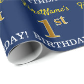 Papier Cadeau Bleu, Imitation Or Look "1er anniversaire" (Coin rond)