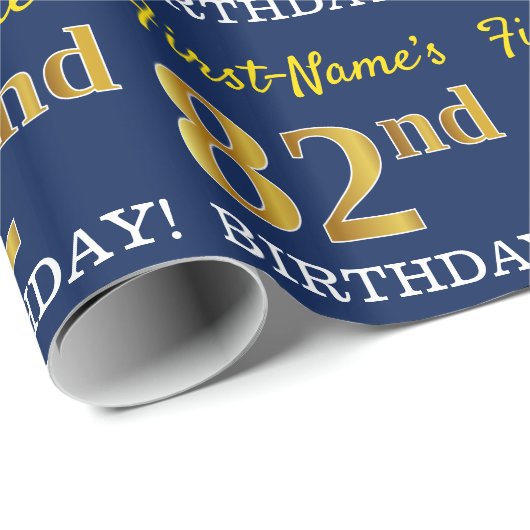 Papier Cadeau Bleu, Imitation or Look "82e anniversaire" (Coin rond)