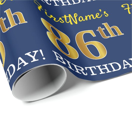 Papier Cadeau Bleu, Imitation or Look "86e anniversaire" (Coin rond)