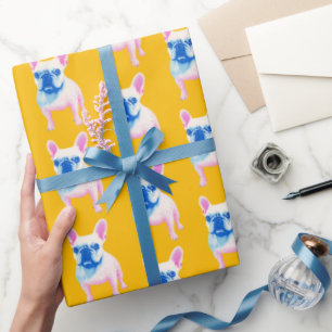 Papier Cadeau Bleu Jaune et rose Chien-taureau