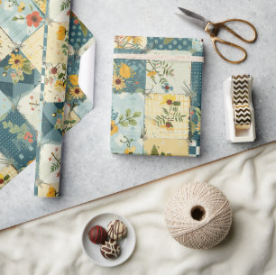 Papier Cadeau Bleu Jaune Vert Patchwork Gingham Cottagecore Flor