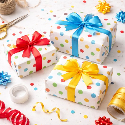 Papier Cadeau Bleu jaune vif bleu et Pois rouges