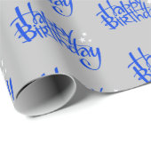 Papier Cadeau Bleu Joyeux Anniversaire sur Grey (Coin rond)