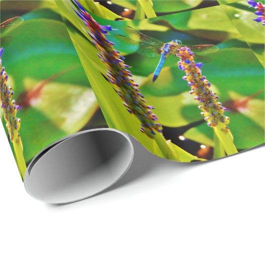 Papier Cadeau Bleu libellule et fleurs (Coin rond)