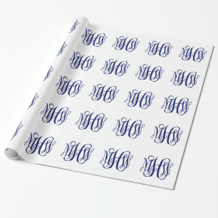 Papier Cadeau Bleu Marine 3 Initiales Vigne Écriture Monogramme
