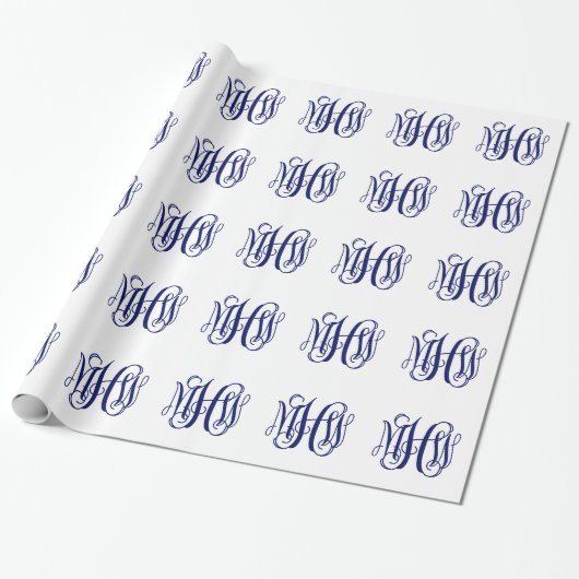 Papier Cadeau Bleu Marine 3 Initiales Vigne Écriture Monogramme  (Déroulé)