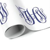 Papier Cadeau Bleu Marine 3 Initiales Vigne Écriture Monogramme  (Coin rond)