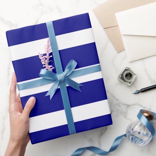 Papier Cadeau Bleu marine blanc rayé horizontal classique (Cadeaux)