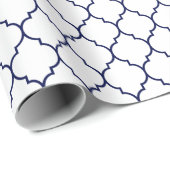 Papier Cadeau Bleu marine de Quatrefoil de Marocain sur le blanc (Coin rond)