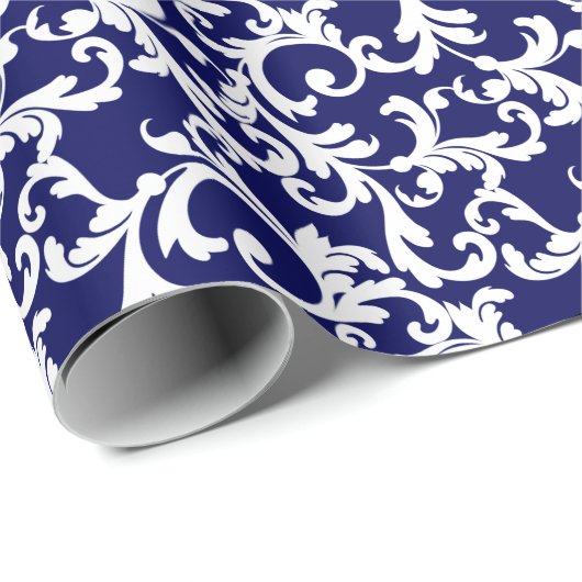 Papier Cadeau Bleu marine Élégant Damas Imprimer (Coin rond)