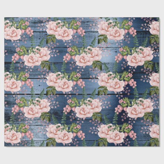 Papier Cadeau Bleu Marine rose Roses Woodland Rustique Floral Ve (Plat)