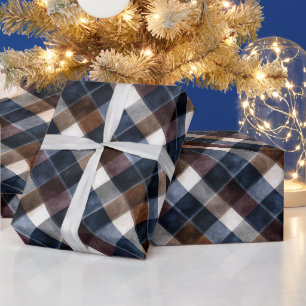 Papier Cadeau Bleu Marron Blanc Gris Carrés Noël