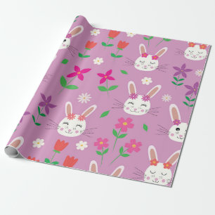 Papier Cadeau Bleu mignon de Pâques avec fleurs rose violet oran