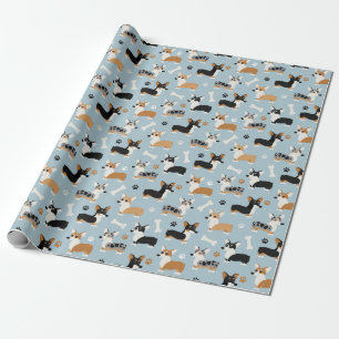 Papier Cadeau Bleu Motif de Corgi