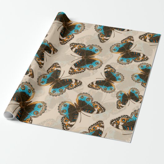 Papier Cadeau Bleu motif papillon Pansy sur blanc (Déroulé)