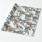 Papier Cadeau Bleu neigeux Juniper Tree Branch & Pine Tree Cones (Déroulé)