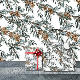 Papier Cadeau Bleu neigeux Juniper Tree Branch & Pine Tree Cones