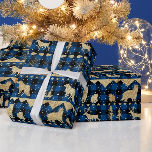 Papier Cadeau Bleu nordique Buffle Plaid Or Animaux d'hiver (Vacances)