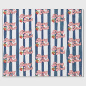 Papier Cadeau Bleu Nuit Blanc Rayures Anniversaire Fraise (Plat)
