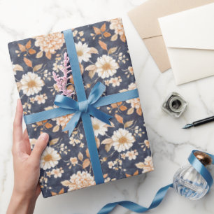 Papier Cadeau Bleu Nuit Crème Floral Pêche