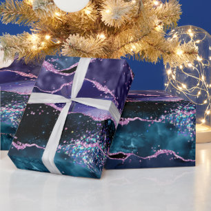 Papier Cadeau Bleu Nuit et Paillettes Violettes Agate Océan