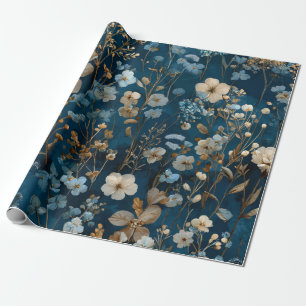 Papier Cadeau Bleu Nuit Rustique Botanique Élégant Floral Vintag