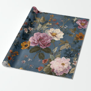 Papier Cadeau Bleu Nuit Rustique Botanique Élégant Floral Vintag