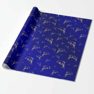 Papier Cadeau bleu,or,dauphin, poisson, nature, aquatique, conc