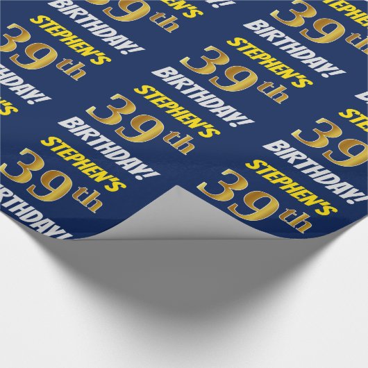 Papier Cadeau Bleu, Or Faux/Imitation, "39e ANNIVERSAIRE" (Coin)