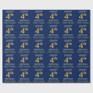 Papier Cadeau Bleu, Or Faux "JOYEUX 4ème ANNIVERSAIRE"