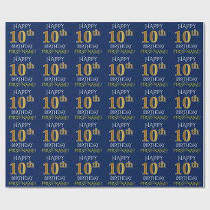 Papier Cadeau Bleu, or "JOYEUX 10ème ANNIVERSAIRE " de Faux