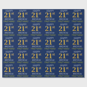 Papier Cadeau Bleu, or "JOYEUX 21ème ANNIVERSAIRE " de Faux