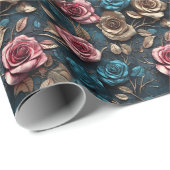 Papier Cadeau Bleu or rose jolie Roses (Coin rond)