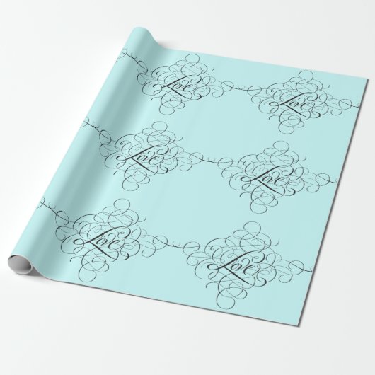 Papier Cadeau Bleu pâle Turquoise fleuri AMOUR Moderne Calligrap (Déroulé)