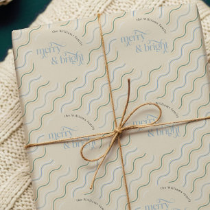 Papier Cadeau Bleu pastel beige rayures ondulées Joyeux Noël