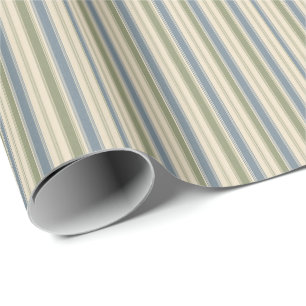 Papier Cadeau Bleu Poussiéreux & Vert Sauge Rayures Multi-Largeu