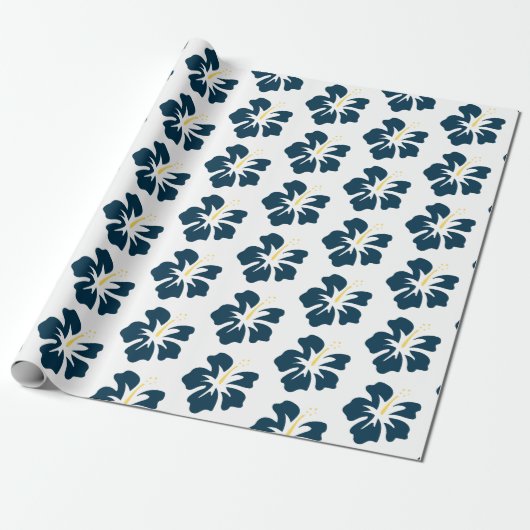 Papier Cadeau Bleu prussien sur Hibiscus blanc (Déroulé)