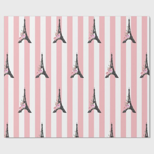 Papier Cadeau Bleu rayures roses Tour Eiffel Thème Paris (Plat)