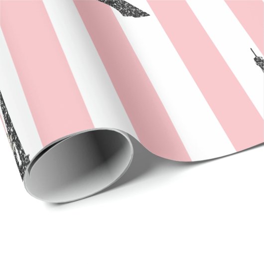 Papier Cadeau Bleu rayures roses Tour Eiffel Thème Paris (Coin rond)