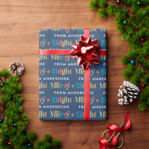Papier Cadeau Bleu Retro Coloré Joyeux et Nom lumineux Noël