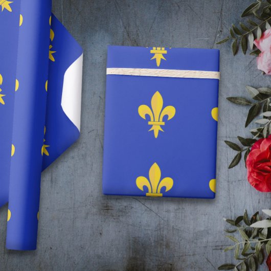 Papier cadeau bleu roi avec motif Fleur de Lys Or