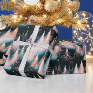 Papier Cadeau Bleu rose et or blanc Arbres de Noël moderne